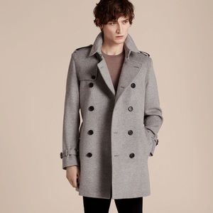 NWT BURBERRY KENSINGTON GRAY WOOL CASHMERE CHECK COLLAR TRENCH COAT US 42 EUR 52